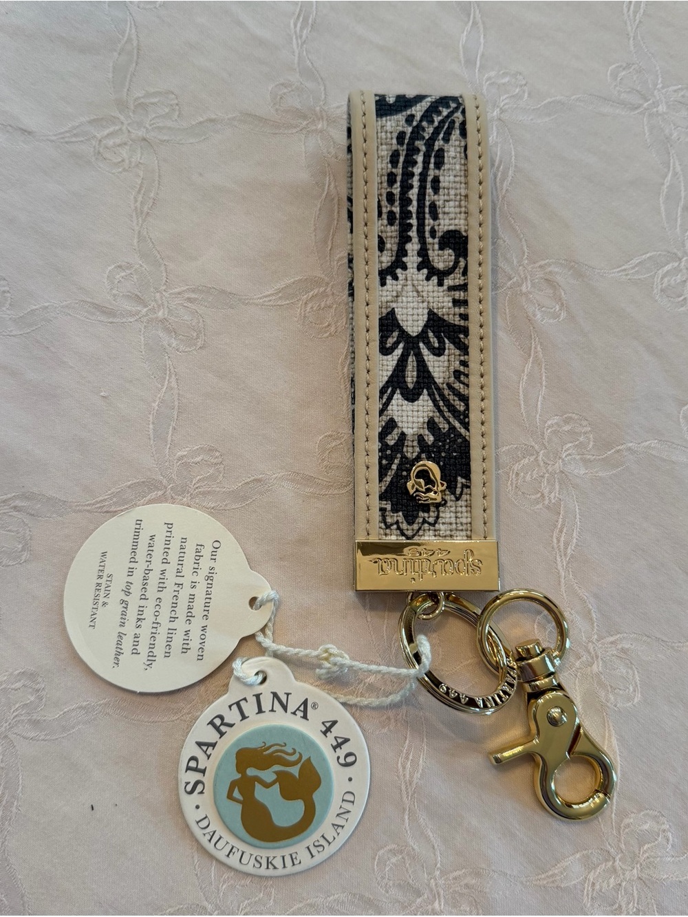 Spartina 449 Black and Cream Paisley Key Wristlet with Gold Hardware NWT